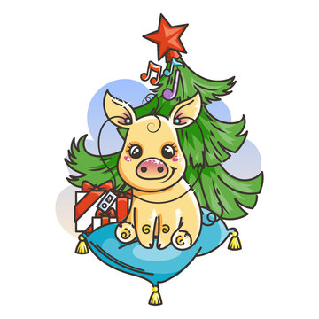 Happy New 2019 Year card with cartoon golden baby pig. Small symbol of holiday.