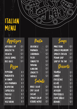 Black and white vector illustration - Italian menu on textured wood background. Food - pasta, appetizers, desserts. Perfect for restaurant, cafe flyer, delivery pizzeria menu. red wood background.