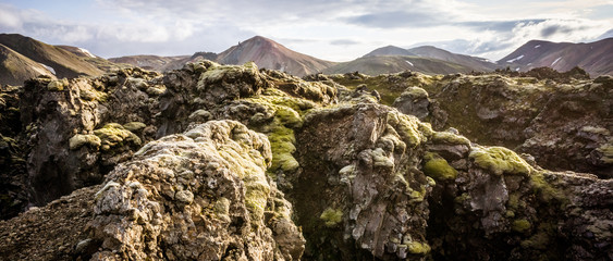 Cracked and wrinkled landscape as a result of geolocial activity in Landmannalaugar (Rainbow Mountains), Iceland