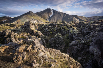 Cracked and wrinkled landscape as a result of geolocial activity in Landmannalaugar (Rainbow Mountains), Iceland