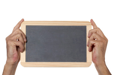 man's hands hold a slate blackboard isolated on whithe background with copy space and clipping path included