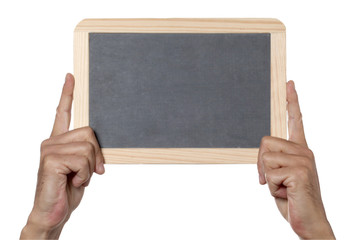 man's hands hold a slate blackboard isolated on whithe background with copy space and clipping path included
