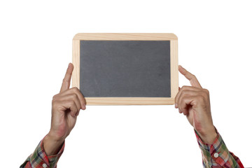 man's hands hold a slate blackboard isolated on whithe background with copy space and clipping path included