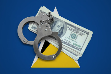 Saint Lucia flag  with handcuffs and a bundle of dollars. Currency corruption in the country. Financial crimes