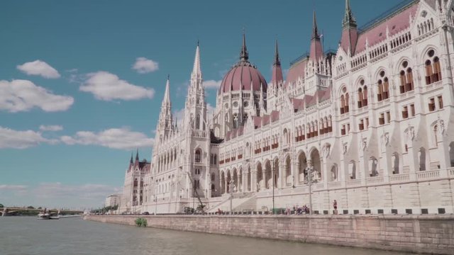Hungarian parlement Budapest filmed in a sunny day from water