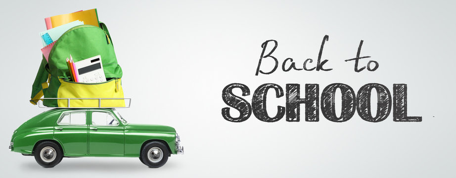 Back to school expenses background. Money flying away from car delivering backpack full of accessories against blackboard - Powered by Adobe