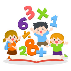 Children, Boy and Girl Learning Mathematics with opened Books Illustration