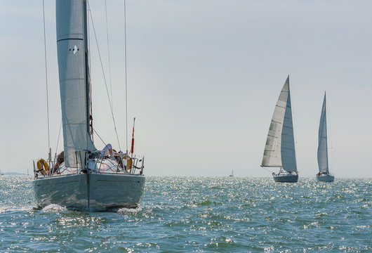 Sail Boats Or Yachts Sailing On A Beautiful Sunny Day