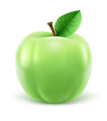 Green apple with leaf, isolated white background. EPS10 vector