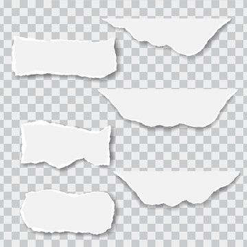 Set of six torn papers with shadows, isolated on a transparent background
