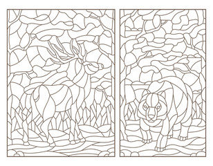 Set of contour illustrations of stained glass with a bear and deer on forest landscape background, dark outlines on white background