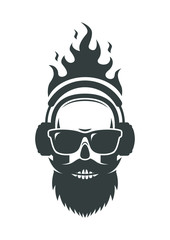 Burning a bearded skull wearing sunglasses and headphones.