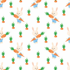 Colorful seamless pattern with the image of cute rabbit and carrot. Vector background.