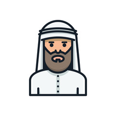 Bearded arabic man in traditional muslim hat. Avatar. Vector Icon