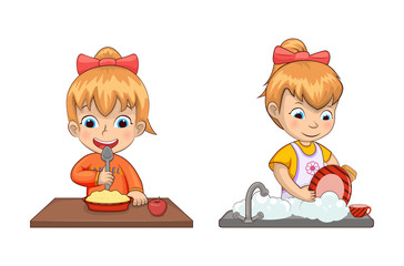 Girl Chores and Life Set Vector Illustration