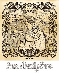 Wrath. Latin word Ira means Anger. Seven deadly sins concept on texture vector background. Vector collection with frame. Hand drawn engraved illustration, tattoo and t-shirt design, religious symbol