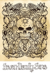 Greed. Latin word Avaritia means Avarice. Seven deadly sins concept on texture vector background. Vector collection with frame. Hand drawn engraved illustration, tattoo and t-shirt design