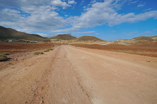 Landscape in the Cabo de Gata-Níjar natural park, track near San José, Almeria, Andalusia, Spain