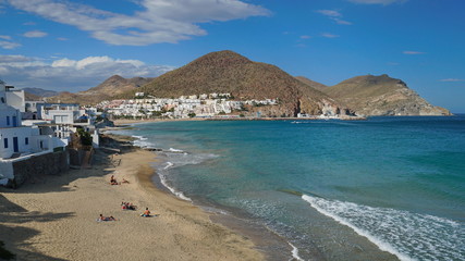 Landscape of San josé town and beach in the Cabo de Gata-Níjar natural park, Almeria, Andalusia,...