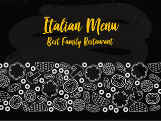 Menu cover typography poster template, text and food symbols, on chalkboard background. Vector illustration with foodstuff border, black and white, yellow title. Restaurant and cafe menu template.