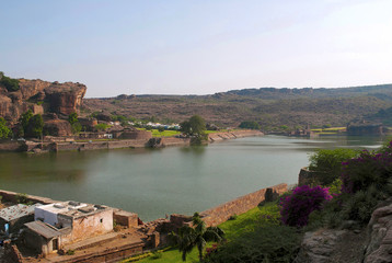 View of Agastya Lake and Badami fort, North, from cave 2, Badami, Karnataka.