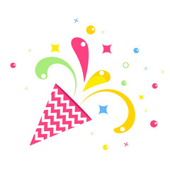 Birthday party hat flat vector cartoon icon. Fireworks, confetti and hanging sparkling serpentine. Balloons, cake, gifts and surprises. Objects isolated on white background.