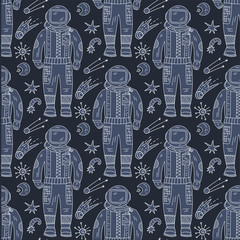 Seamless vector pattern with cosmos doodle illustrations. Galaxy handdrawn elements.