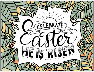 Easter vector lettering card. Handdrawn quote. Celebrate Easter. He is risen.