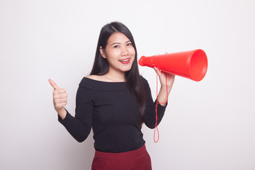 Beautiful young Asian woman show thumbs up announce with megaphone.