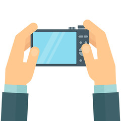 Photographer with a camera in his hands. Flat cartoon illustration. Objects isolated on white background.