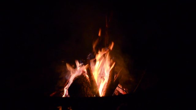 Large campfire flames at night. Shot with a tripod.