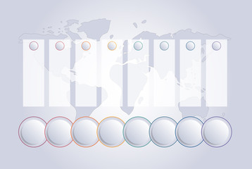 Template for Infographics. Bubble chart  8 positions on the world map, to use for flowchart, workflow, banner, web, report, presentation.