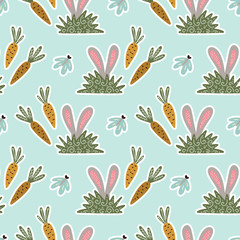 Seamless spring vector pattern with rabbits, carrots and butterflies. Happy Easter illustration.