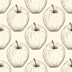 Vector apple handdrawn seamless pattern in the style of engraving. Organic hand drawn elements. Farm market sketch of fruits.