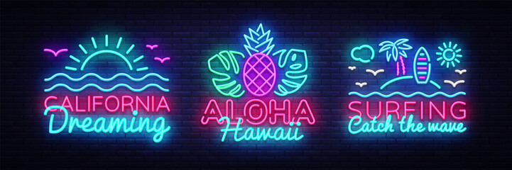 Summer neon signs collection design template. Surfing, California, Aloha neon emblems, light banner. Summer concepts design. Smartphone in hand. Vector illustration © Ivan