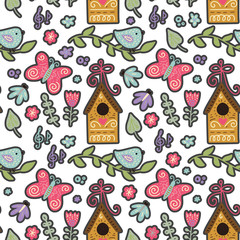 Seamless spring ornate vector pattern with butterflies, birds, bird feeders, leafs and flowers.