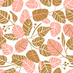 Obraz premium Vector elegant seamless background with foliage. wedding endless pattern in pink and gold colors with leaves.