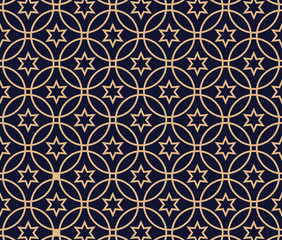 Arabic pattern background. Geometric seamless muslim ornament backdrop. Vector illustration of islamic texture. Traditional arabic decor on dark blue and gold background.