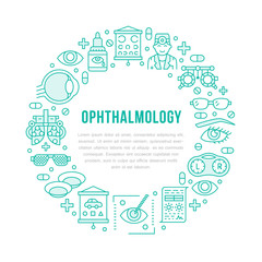 Ophthalmology, eyes health care circle porter with line icons. Optometry equipment, contact lenses, eye glasses, doctor. Vision correction brochure signs for oculist clinic.