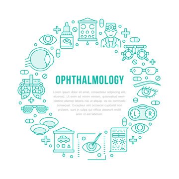 Ophthalmology, eyes health care circle porter with line icons. Optometry equipment, contact lenses, eye glasses, doctor. Vision correction brochure signs for oculist clinic.