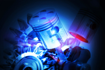 Engine pistons on technology background