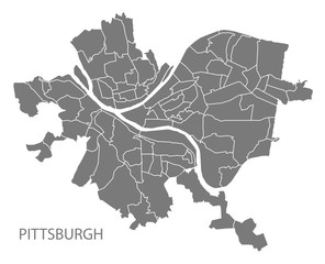 Pittsburgh Pennsylvania city map with neighborhoods grey illustration silhouette shape