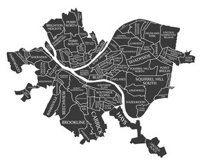 Pittsburgh Pennsylvania city map USA labelled black illustration - obrazy, fototapety, plakaty