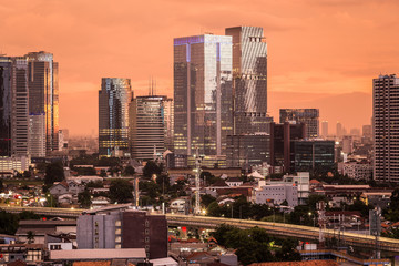 Stunning susnset over Jakarta business district in Indonesia capital city