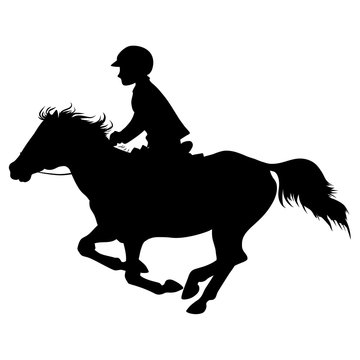 A vector silhouette of a small rider on a pony.