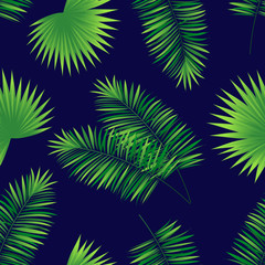 Dark tropic seamless pattern. Summer background with tropical palms leaves. Exotic plants elements. Vector wallpaper. trendy backdrop. Bright colors. Green, dark blue