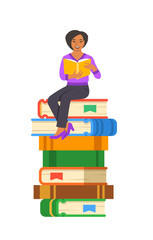 Young black girl student reads open book sitting on stack of giant books. High school education concept. Vector cartoon illustration. Exam preparation using paper book. Modern well-educated youth