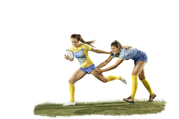 Obraz na płótnie Canvas The young female rugby players isolated on white backround