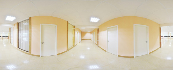 Spherical 360 degrees panorama projection, interior empty long corridor with doors and entrances to...