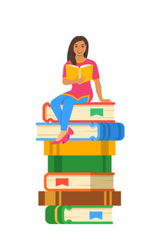 Young Indian Girl Student Reads Open Book Sitting On Stack Of Giant Books. High School Education Concept. Vector Cartoon Illustration. Exam Preparation Using Paper Book. Modern Well-educated Youth